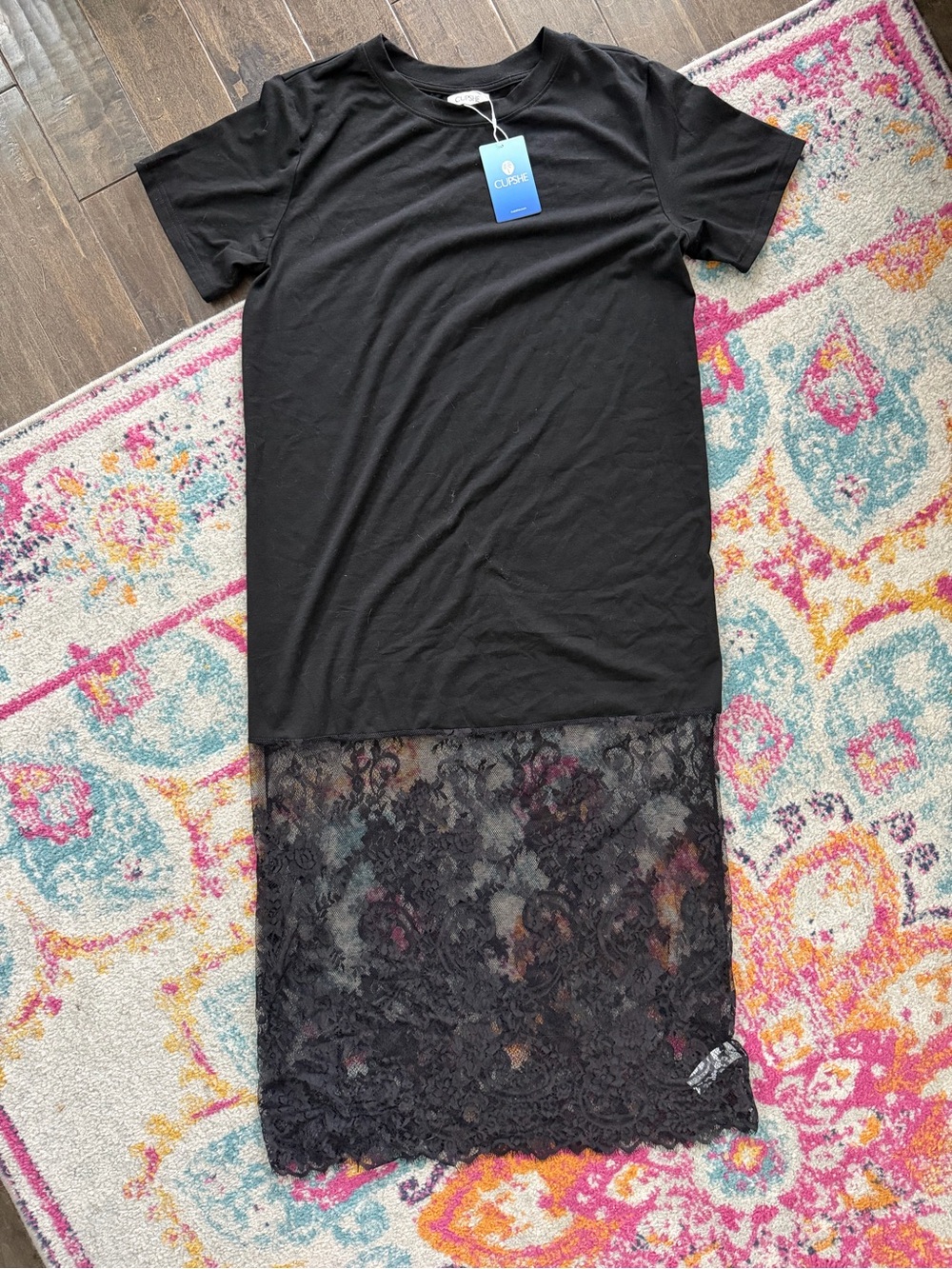 Cupshe Black Tee Dress with Lace Hem Midi